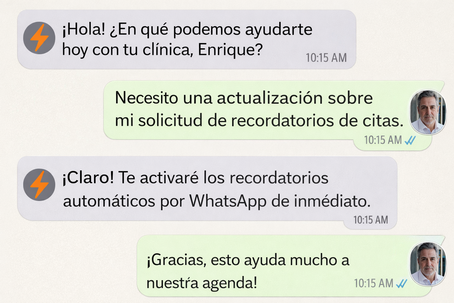 Interfaz combinada de chat mostrando una conversación completa de Tu Aliado con bienvenidas y respuestas automatizadas