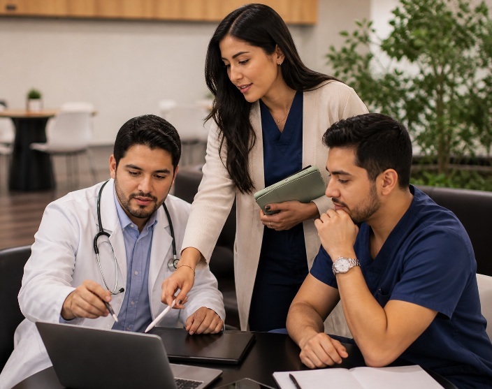 Médicos discutiendo la misión
